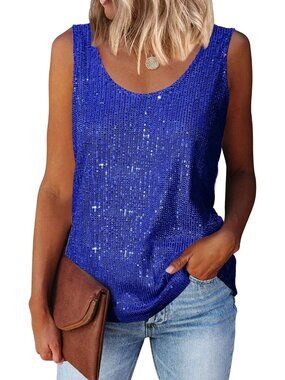 🆕Women's Royal Blue Sequin Tank Tops Scoop Neck Sequin Sparkle Shimmer Blouse
